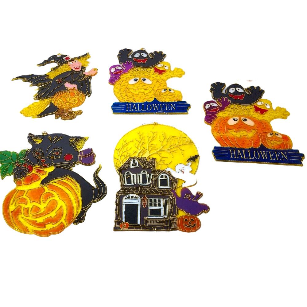 Vintage Halloween Plastic Stained Glass Suncatcher Window Decorations Set Of 5